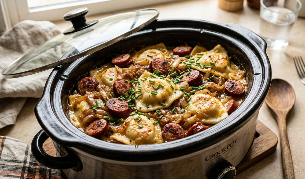 Slow Cooker Pierogi & Kielbasa Casserole: Cheesy One-Pot Comfort Classic 1 slow cooker pierogi (AI Generated Image)