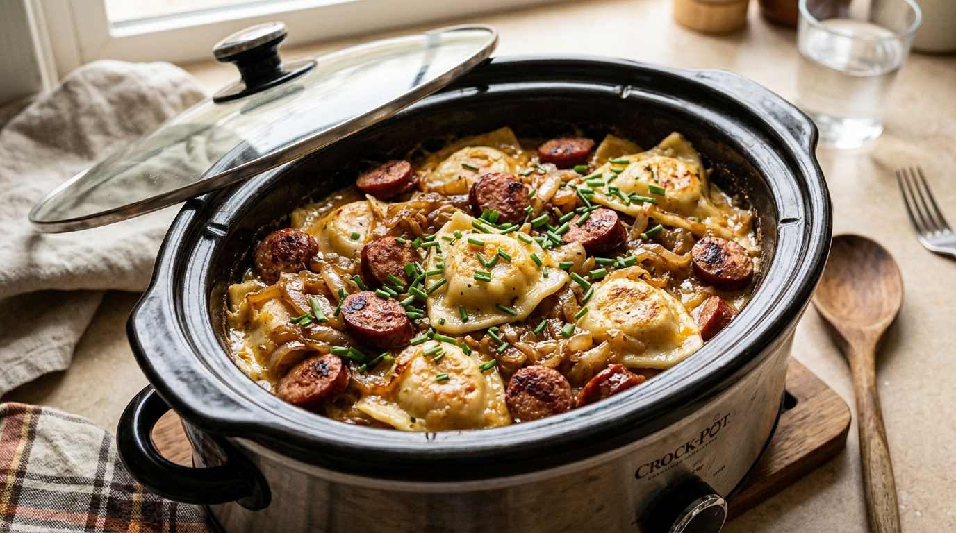 Slow Cooker Pierogi & Kielbasa Casserole: Cheesy One-Pot Comfort Classic (AI Generated Image)
