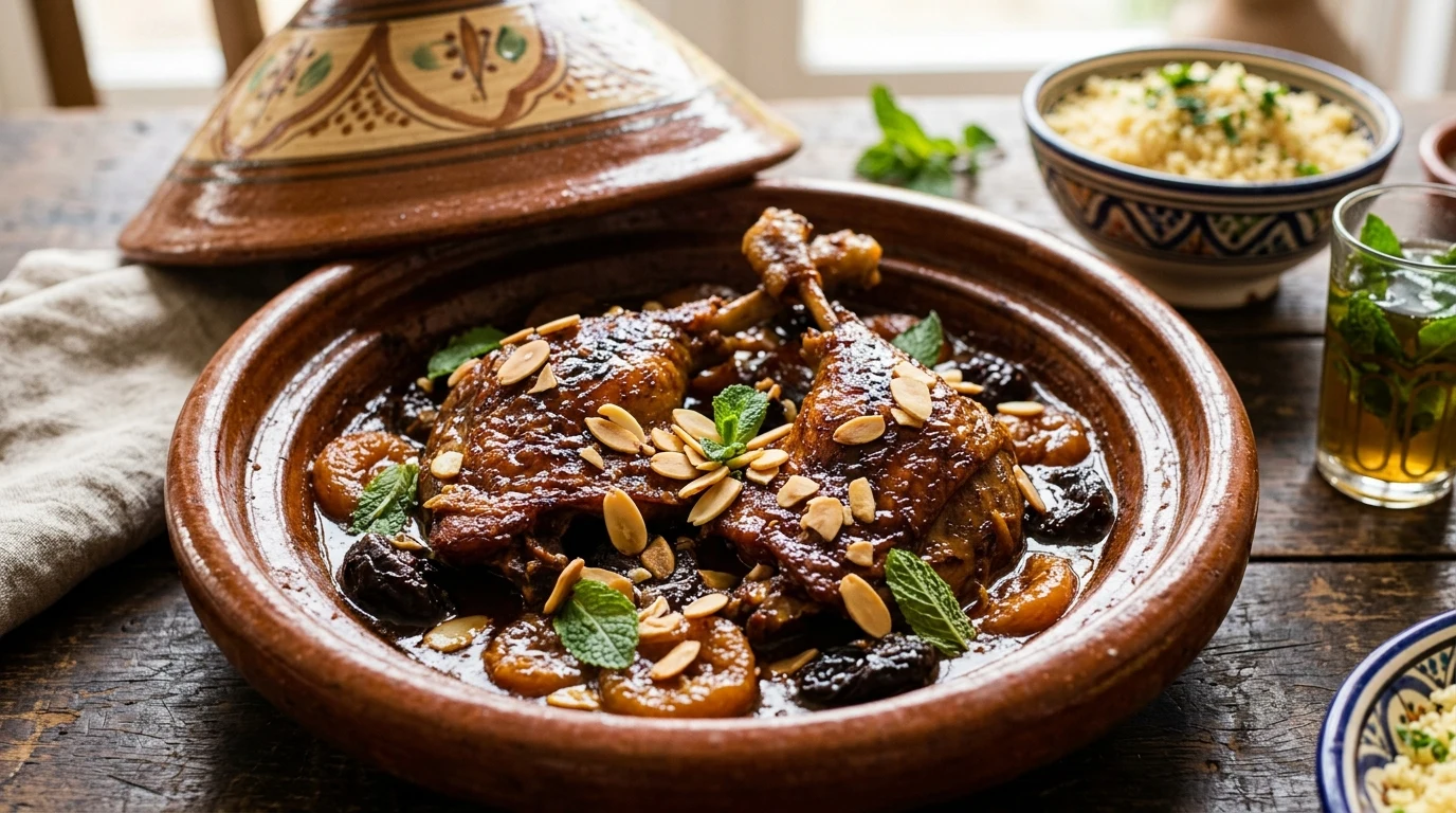 Tender Slow Cooker Duck Legs with Apricots and Prunes: A Moroccan-Inspired Feast (AI Generated Image)