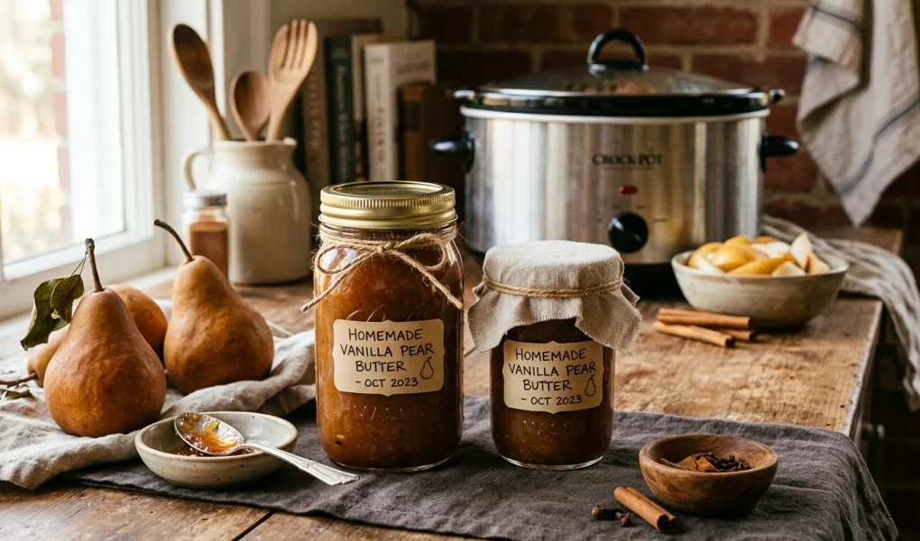 Homemade slow cooker vanilla pear butter in jars (AI Generated Image)