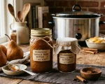 Homemade slow cooker vanilla pear butter in jars (AI Generated Image)