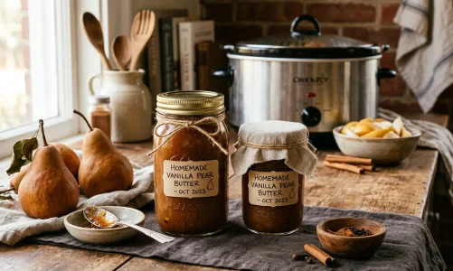 Homemade slow cooker vanilla pear butter in jars (AI Generated Image)