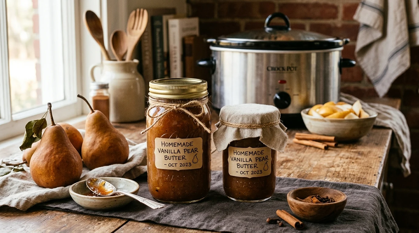 Vanilla Pear Butter Slow Cooker Recipe: Silky Spiced Spread (AI Generated Image)