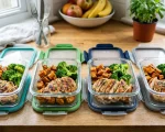 Meal prep containers with high-protein grilled chicken and vegetables (AI Generated Image)