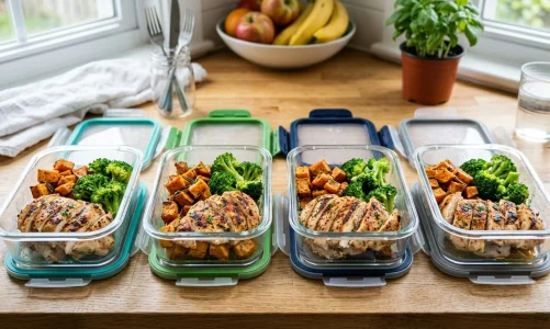 High-Protein Macro Chicken Recipes for Fitness Meal Prep 2 Meal prep containers with high-protein grilled chicken and vegetables (AI Generated Image)